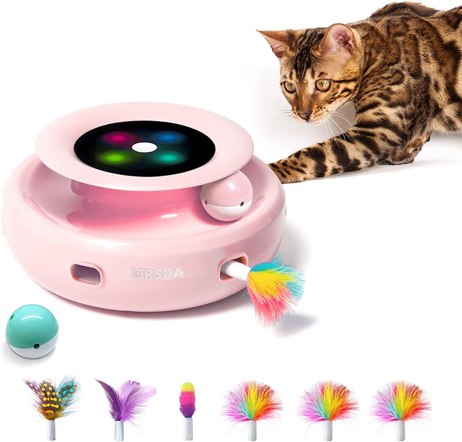 Cat Toys, 2-In-1 Interactive Cat Toys for Indoor Cats, Automatic Cat Toy Balls, Mice Toys Ambush Feather Kitten Toys with 7Pcs Attachments, Dual Power Supplies, Adjustable Speed, Auto On/Off