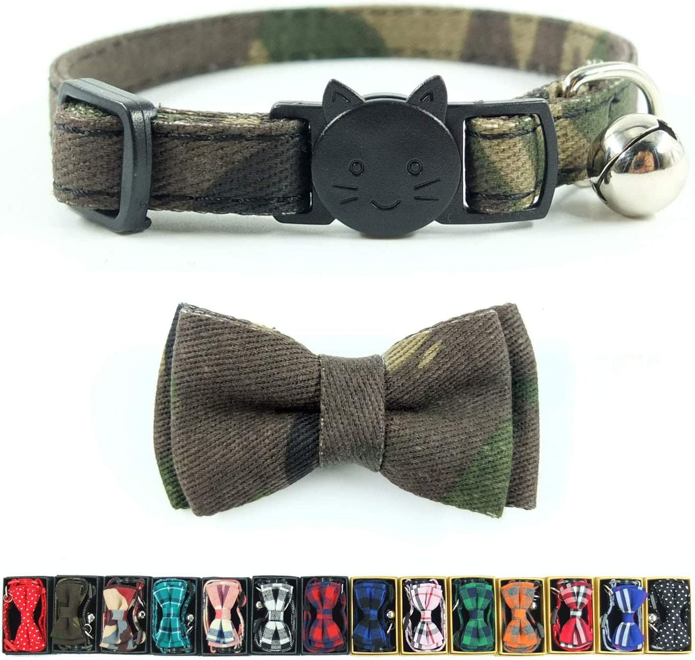 Cat Collar Breakaway with Bell and Bow Tie, Plaid Design Adjustable Safety Kitty Kitten Collars