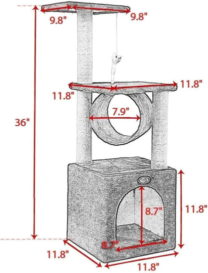 36”H Cat Trees and Towers with Scratching Posts, Resting Perch, Indoor Pet Activity Furniture,  Play House for Kitty Kitten