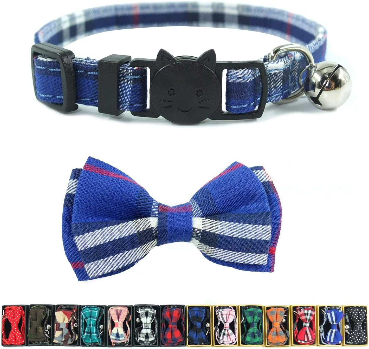 Cat Collar Breakaway with Bell and Bow Tie, Plaid Design Adjustable Safety Kitty Kitten Collars