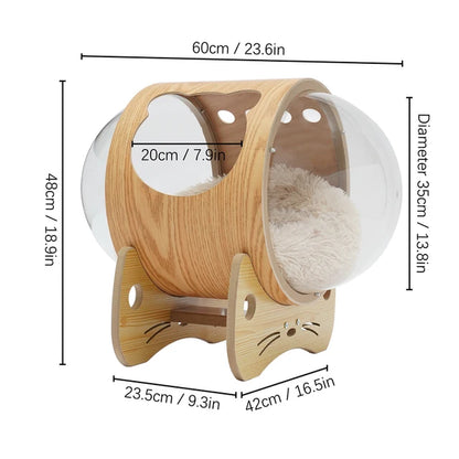 Wooden Spaceship Pet Bed for Cat, Window Capsule-Shaped Cat Bed Made of Wood with Cushion