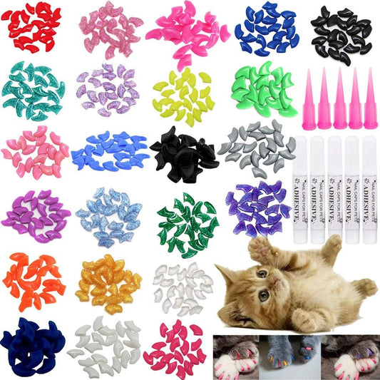 100Pcs Cat Nail Caps, Cat Claw Caps Covers with Glue and Applicators Size Medium 5 Colors, 20 Pcs/Color