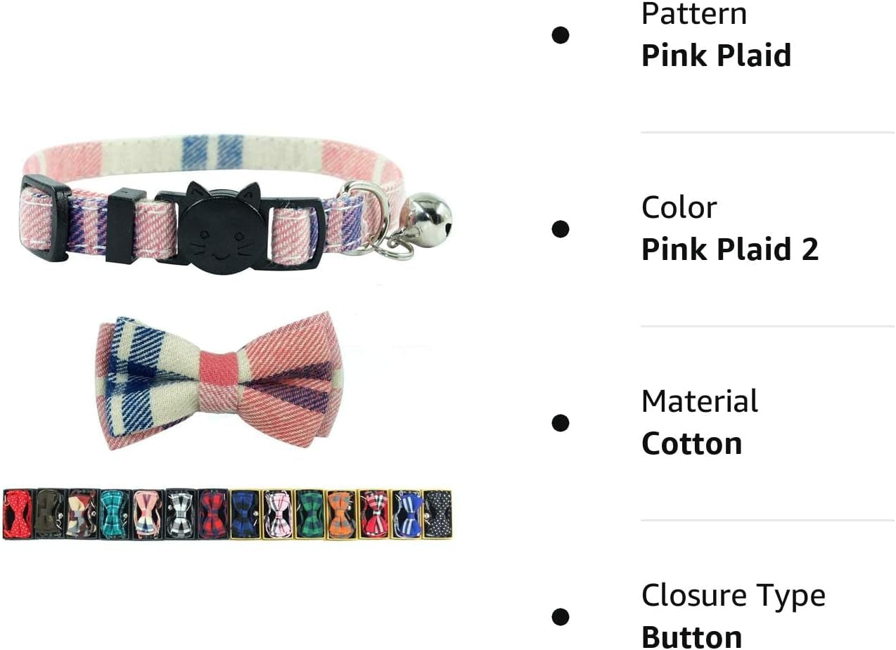 Cat Collar Breakaway with Bell and Bow Tie, Plaid Design Adjustable Safety Kitty Kitten Collars