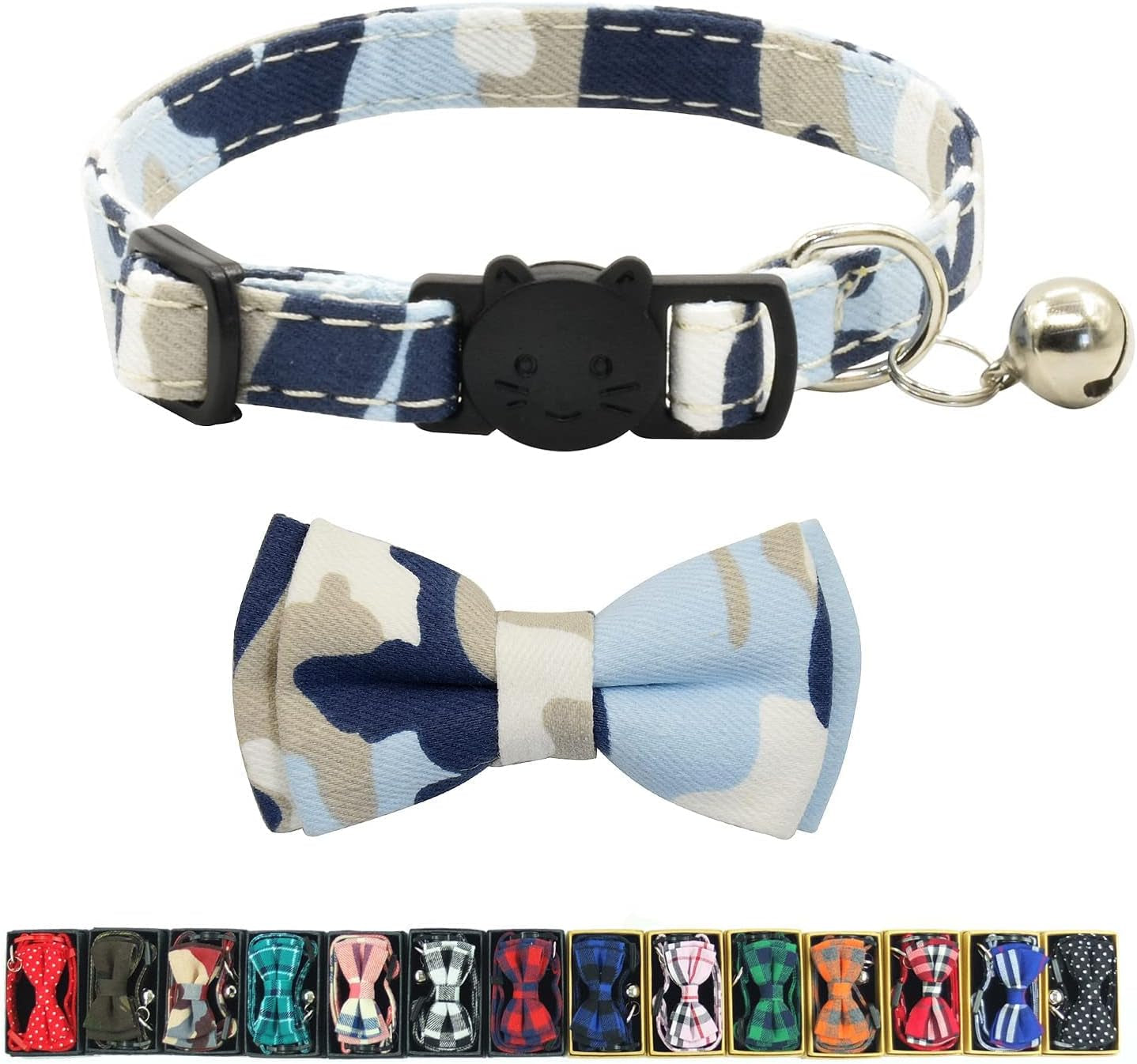 Cat Collar Breakaway with Bell and Bow Tie, Plaid Design Adjustable Safety Kitty Kitten Collars