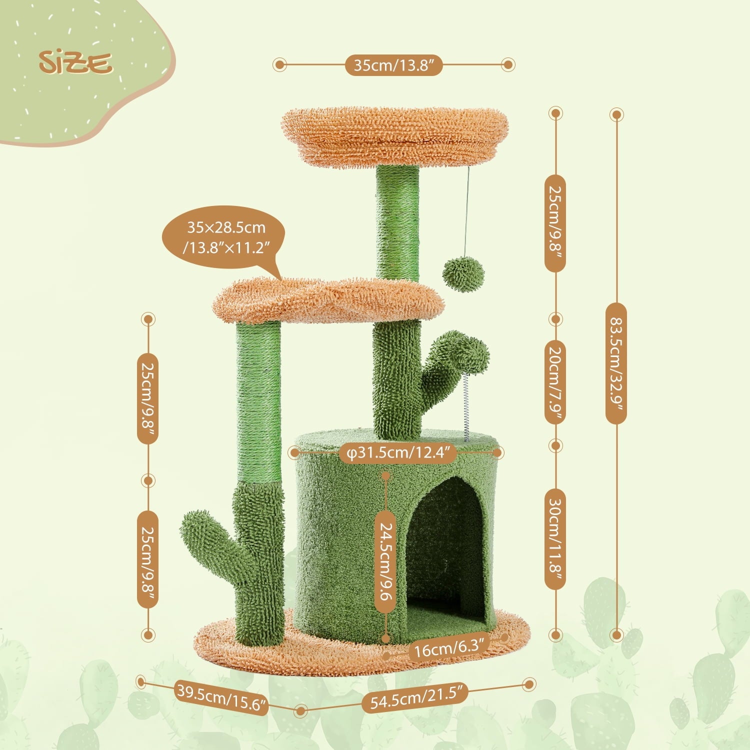 32" Cactus Cat Tree Tower with Cat Scratching Posts Cozy Condo Perch for Indoor Cats