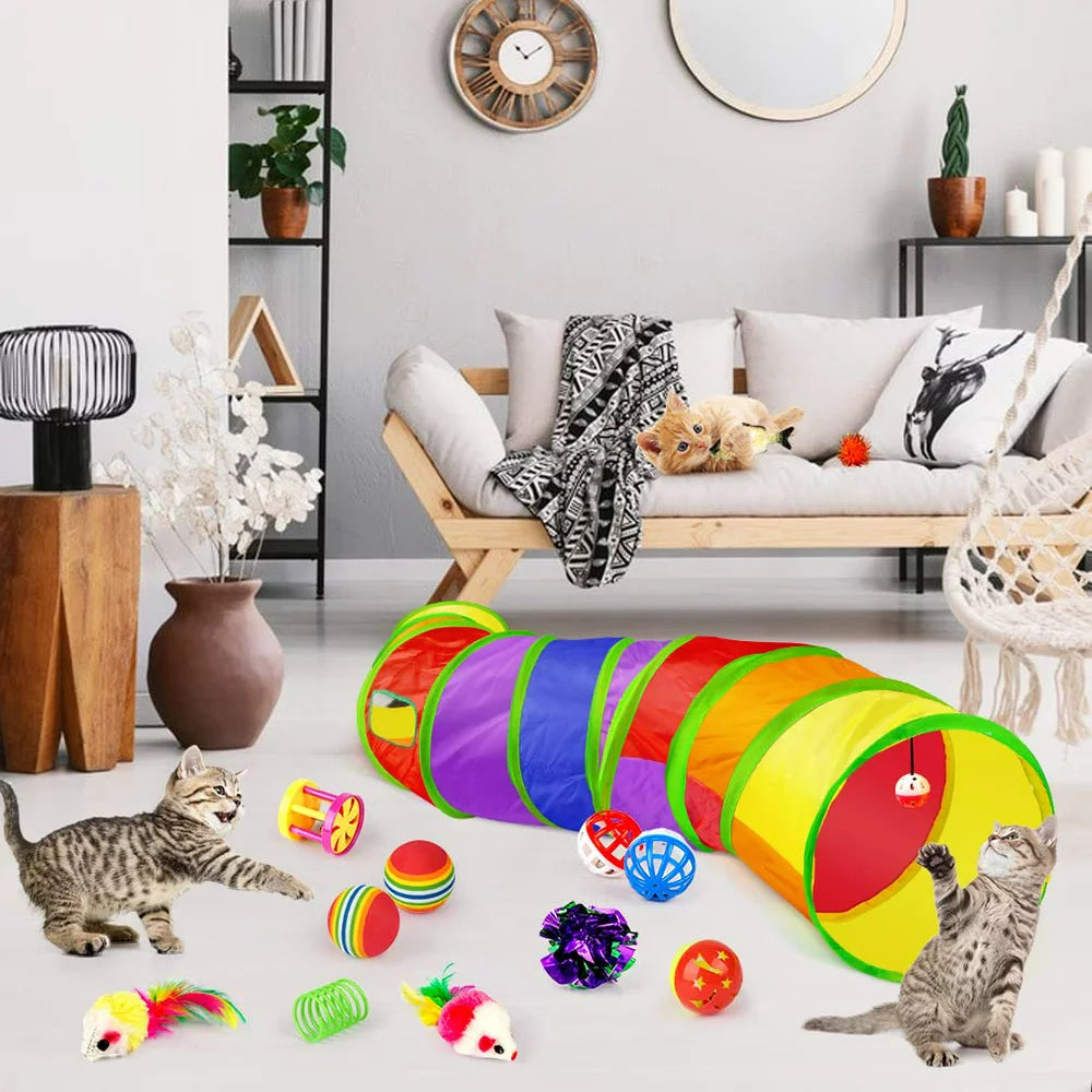 32 PCS Cat Toys Kitten Toys, Variety Catnip Toys with Rainbow Tunnel, Interactive 