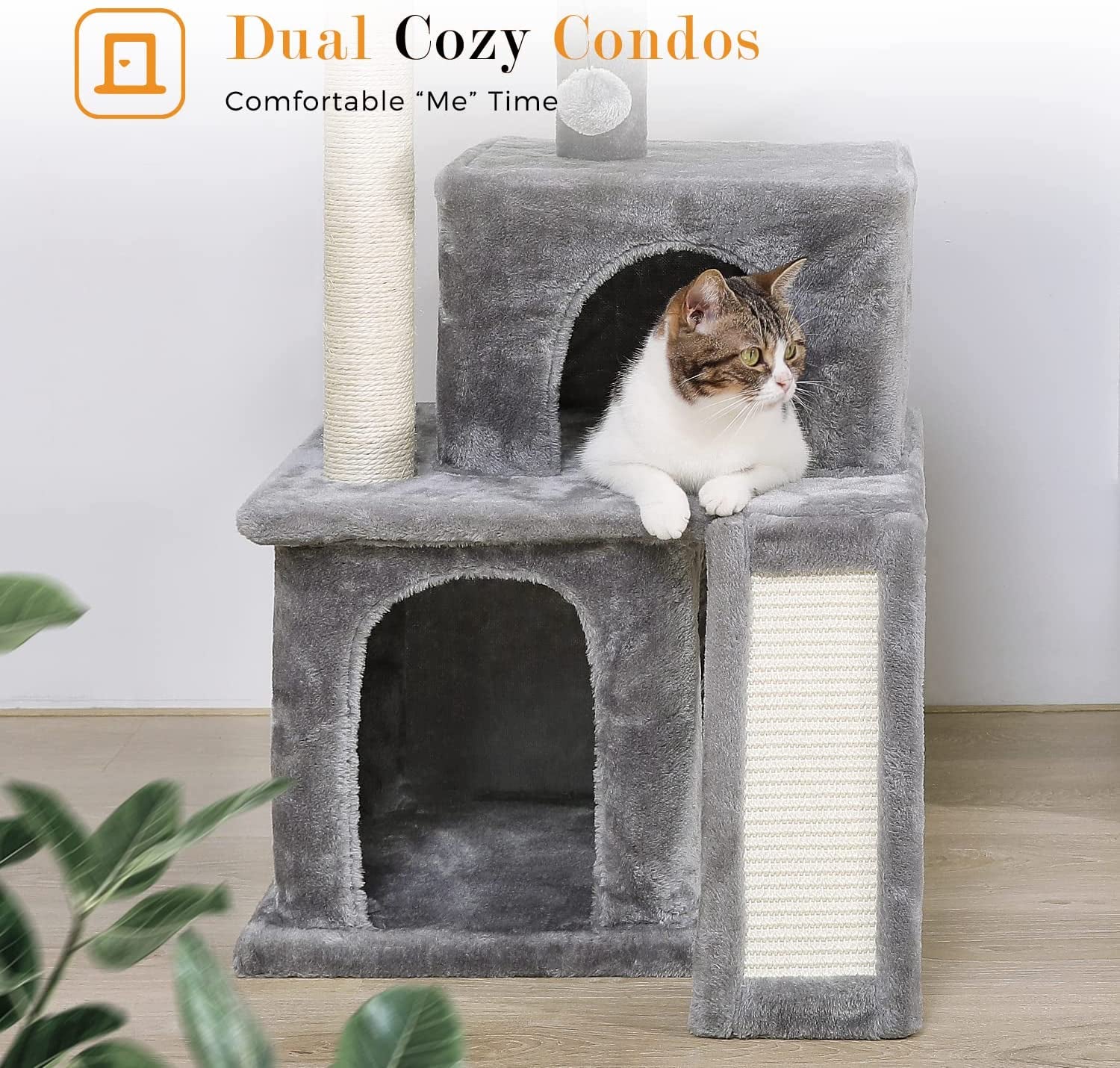 34 Inches Cat Tree, Multilevel Cat Tower with Double Condos, Spacious Perch, Fully Wrapped Scratching Sisal Post and Replaceable Dangling Balls