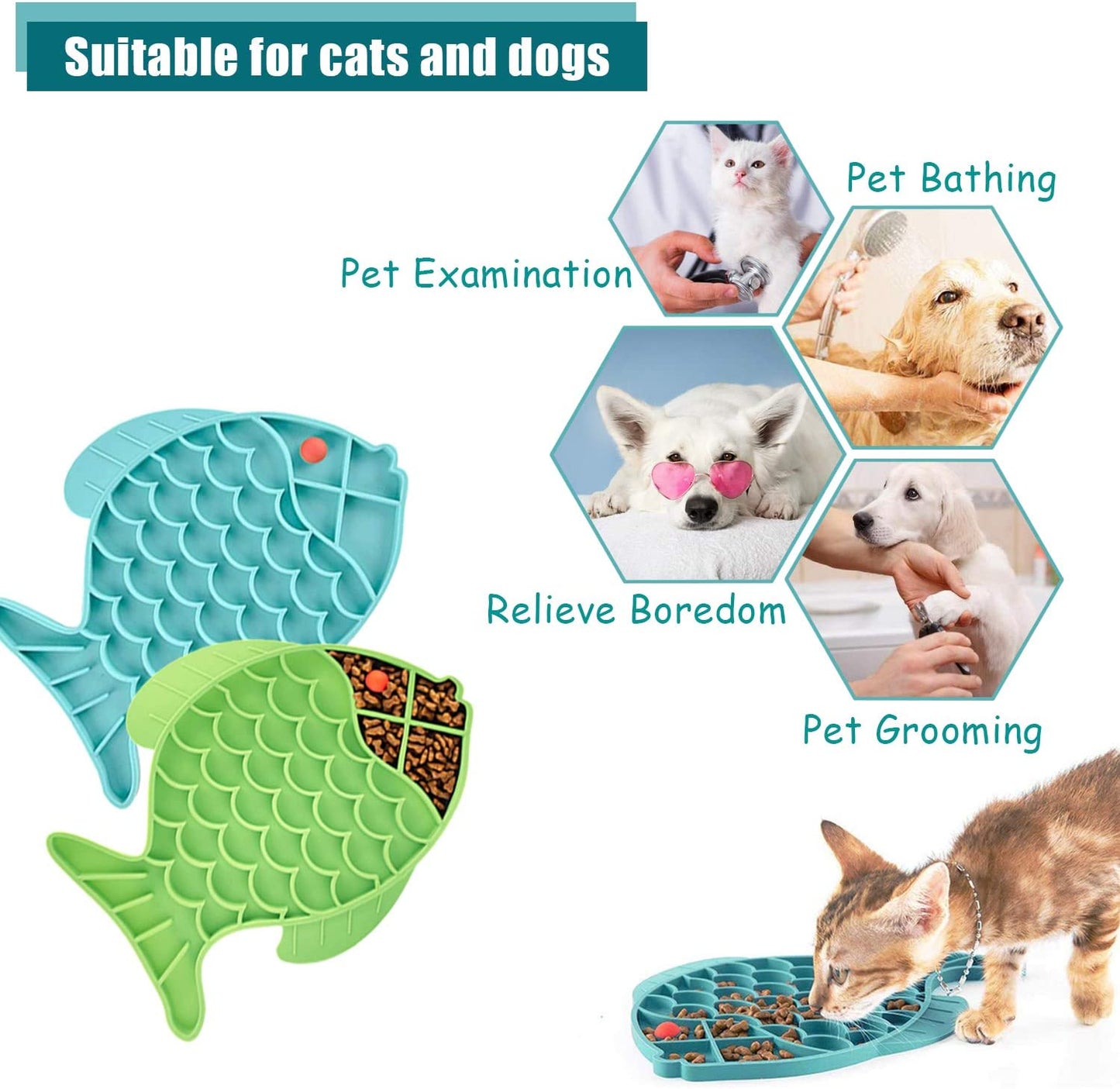 Cat Slow Feeder,2 Pack Fish-Shaped Cat Lick Treat Mat for Cats, Anxiety Relief, Cat Puzzle Feeder Cat Bowl