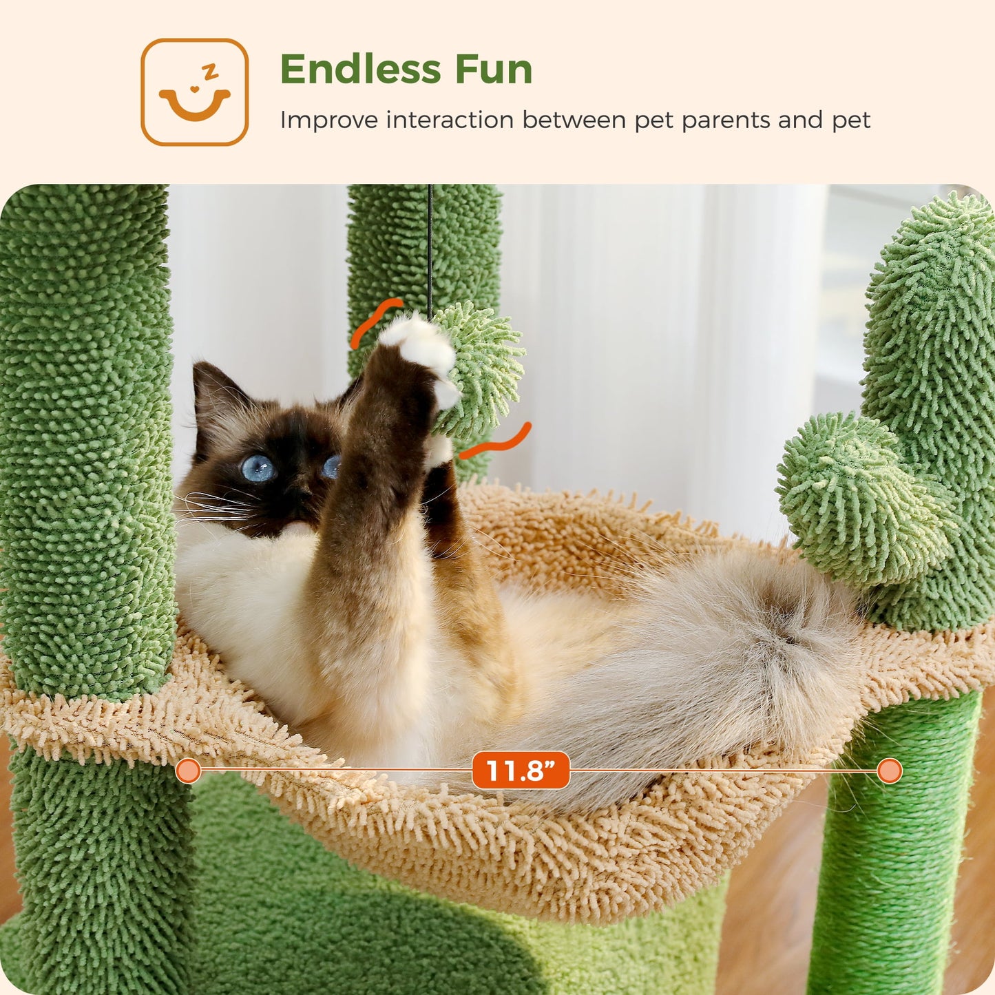 Cat Tree 33" Cute Cactus Cat Scratching Posts Tower with Large Top Perch and Hammock for Medium Indoor Cats, Green