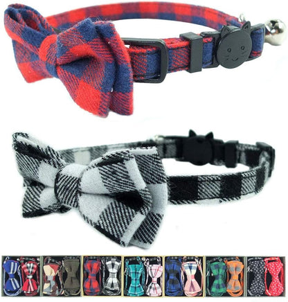 Cat Collar Breakaway with Bell and Bow Tie, Plaid Design Adjustable Safety Kitty Kitten Collars