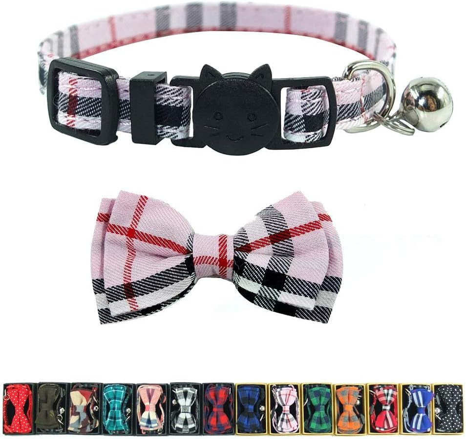 Cat Collar Breakaway with Bell and Bow Tie, Plaid Design Adjustable Safety Kitty Kitten Collars