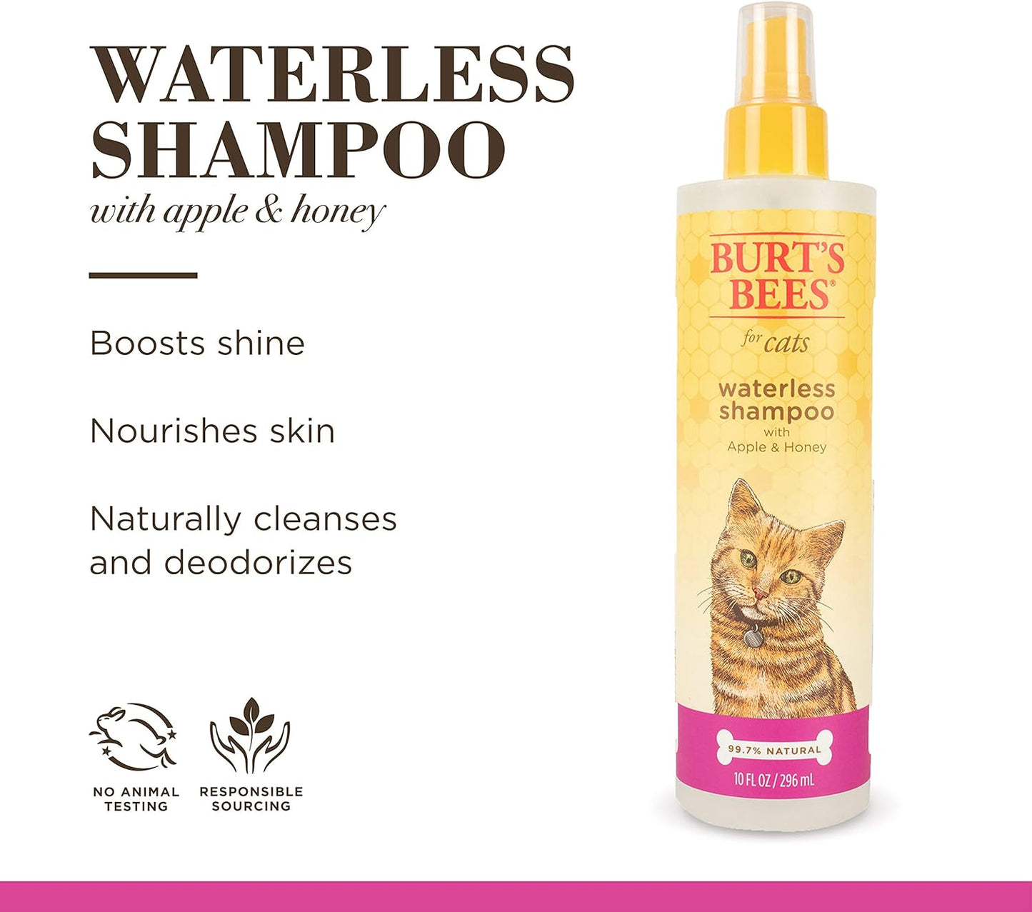 Cat Natural Waterless Shampoo with Apple and Honey | Cat Waterless Shampoo Spray | Easy to Use Cat Dry Shampoo for Fresh Skin and Fur without a Bath | Made in the USA, 10 Fl Oz