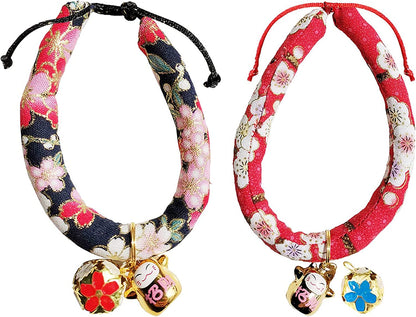 Male Cat Collar with Bells, Breakaway Cat Collar with Flower Print, Japanese Chirimen Kimono Kitten Collars