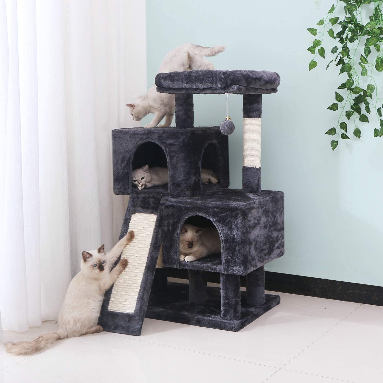 Cat Tree Condo with Sisal Scratching Posts, Scratching Board, Plush Perch and Dual Houses