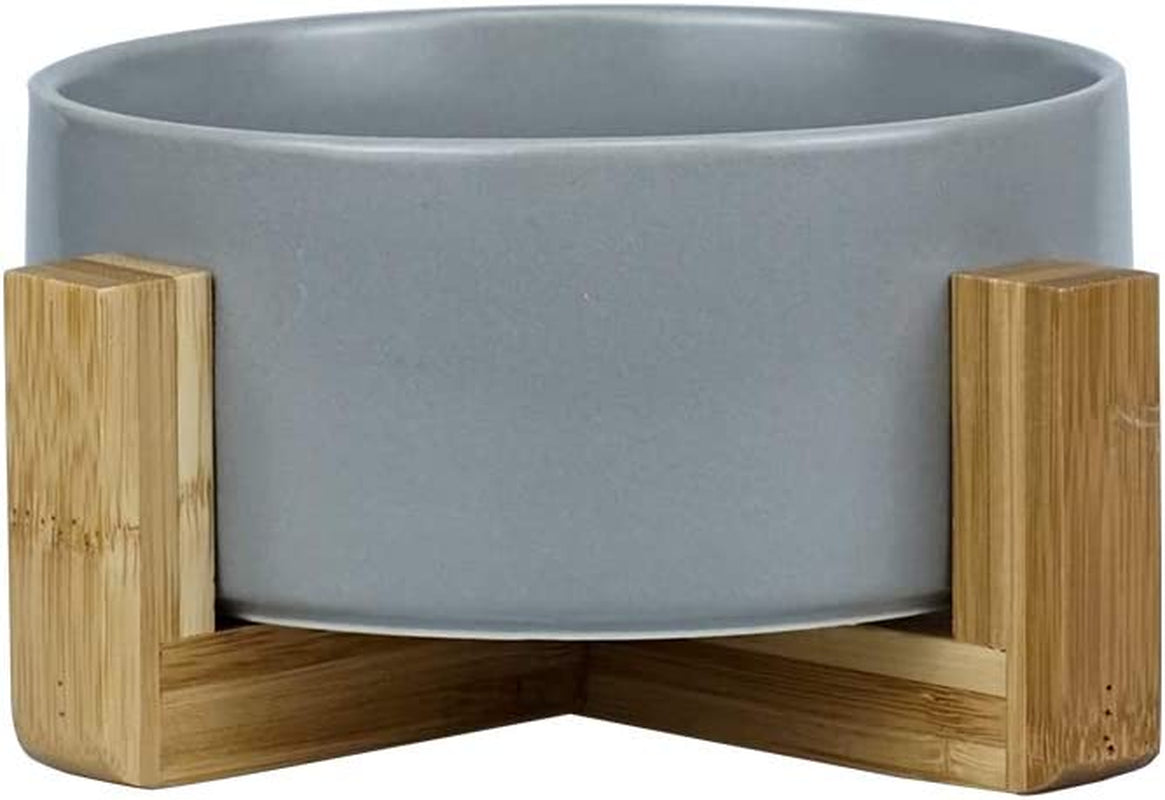 Grey Ceramic Cat Bowl with Wood Stand. No Spill Pet Food Water Feeder.