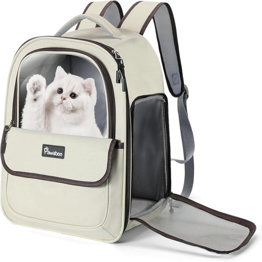 Cat Carrier Backpack, Bubble Backpack Carrier with Transparent PVC, Puppy Carrier Backpack Fits for Travel Hiking Walking Outdoor Use, Comfortable Cat Front Carrier Airline Approved, Beige