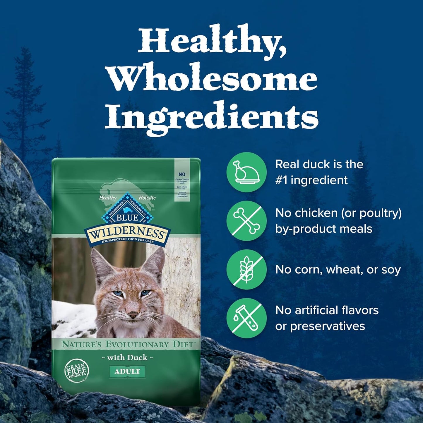 Wilderness Healthy Adult Dry Cat Food, Supports Health and Wellness, High-Protein & Grain-Free, Duck, 11-Lb. Bag