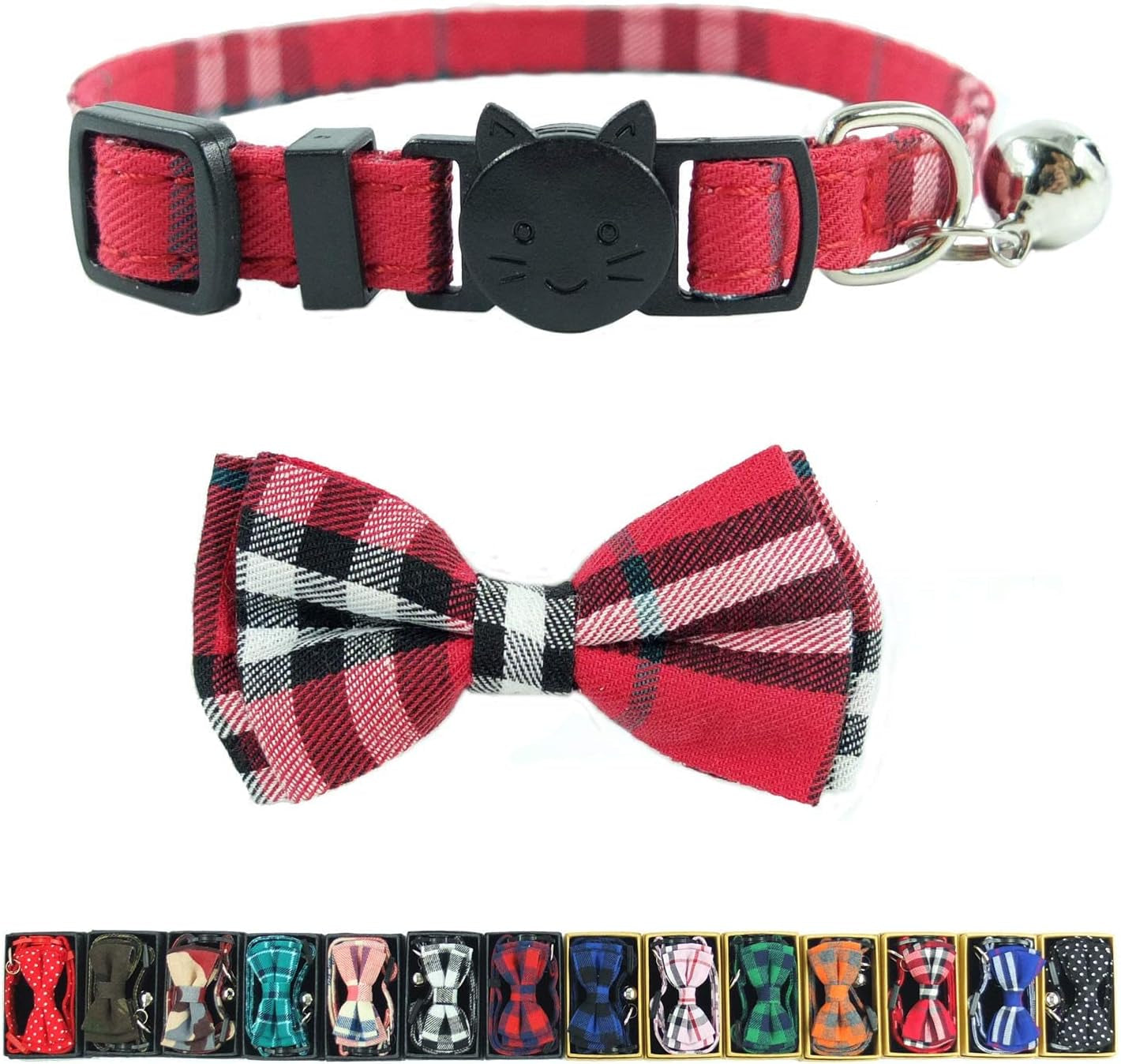 Cat Collar Breakaway with Bell and Bow Tie, Plaid Design Adjustable Safety Kitty Kitten Collars