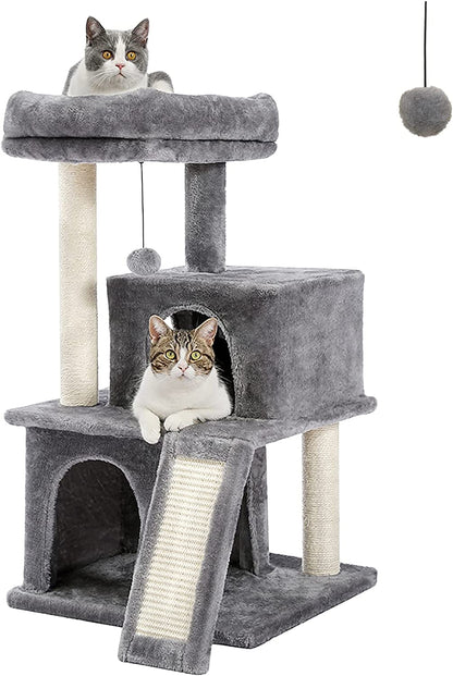 34 Inches Cat Tree, Multilevel Cat Tower with Double Condos, Spacious Perch, Fully Wrapped Scratching Sisal Post and Replaceable Dangling Balls