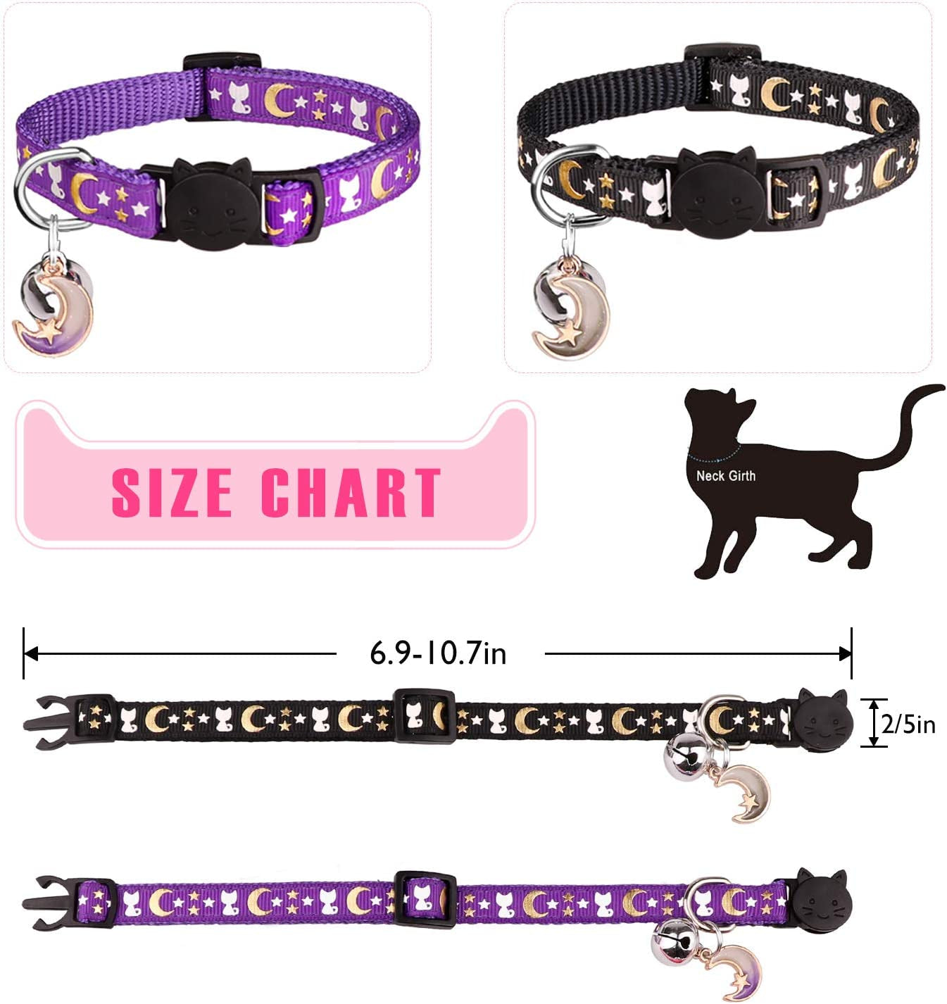 2 Pack Breakaway Cat Collar with Bell Gold Moons and Stars 