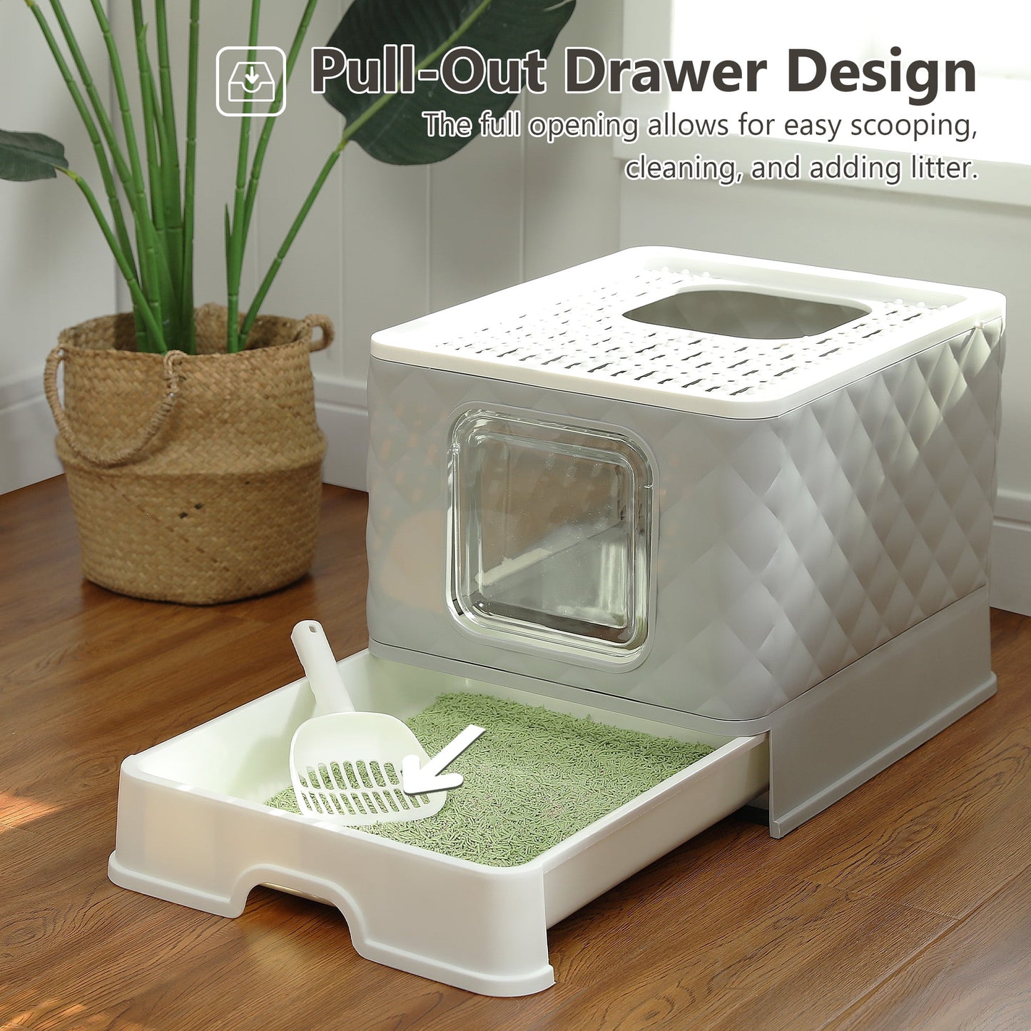 Enclosed Cat Litter Box Large with Lid Drawer Type Easy to Clean,Gray