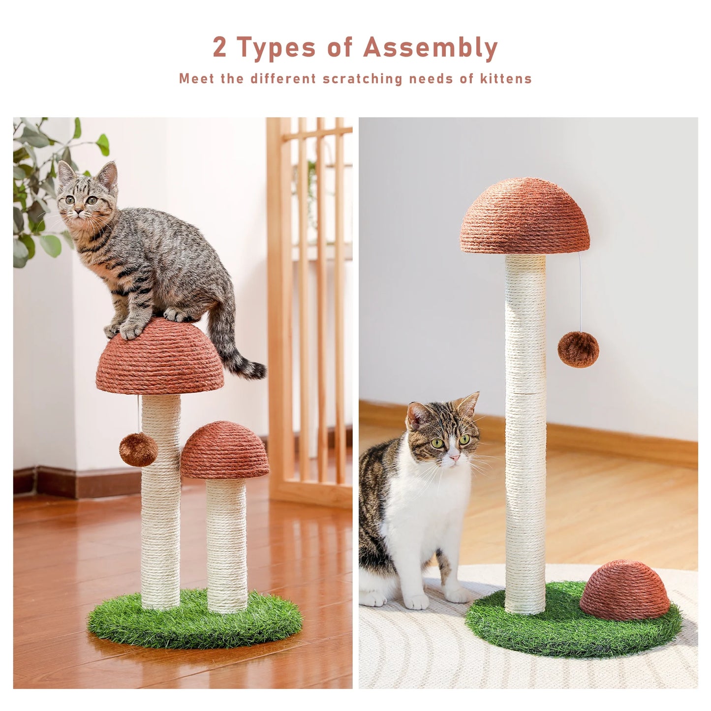 2 Mushrooms Cat Scratching Post 19" Sisal Claw Scratcher for Kittens and Small Cats