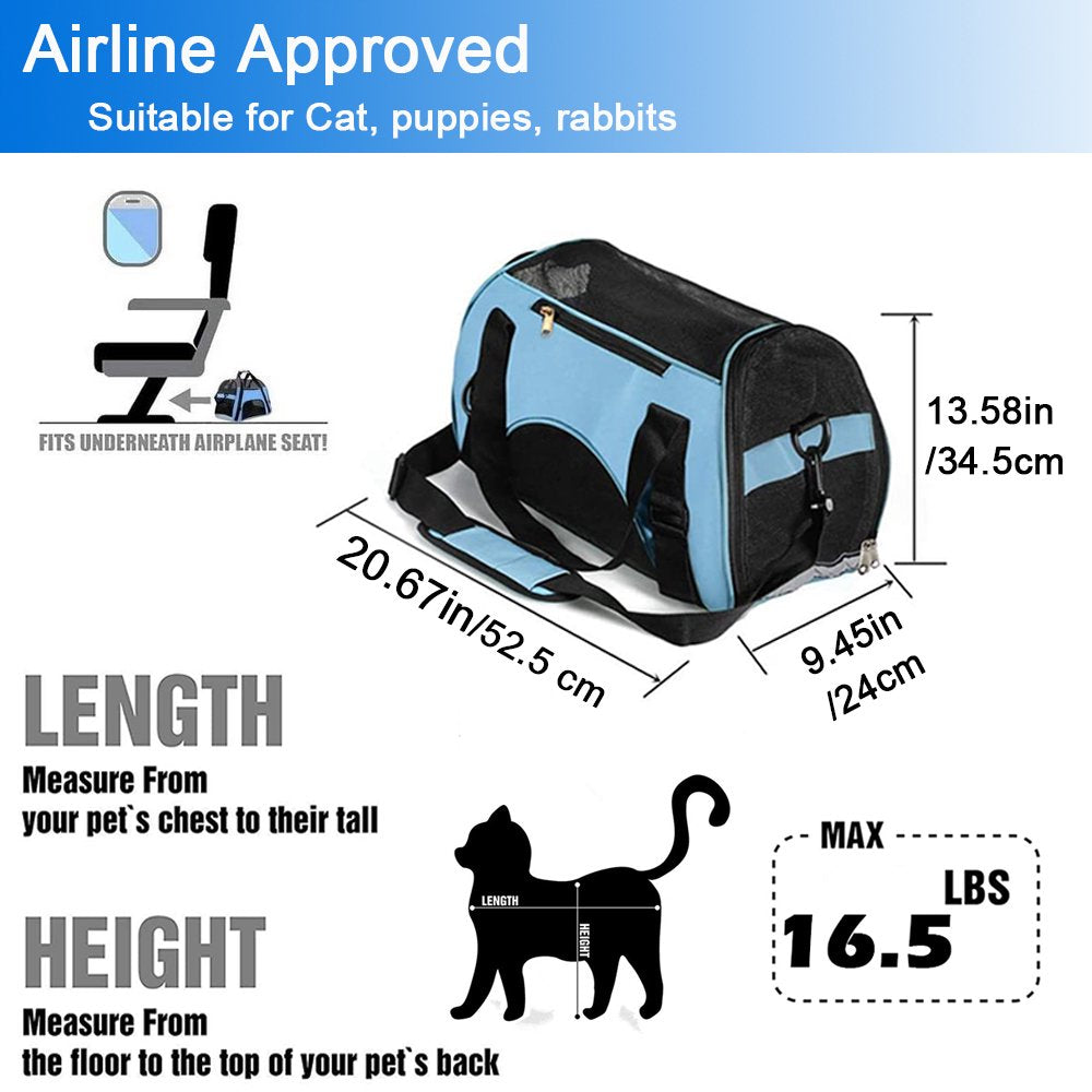 Cat Carrier Airline Approved Pet Carrier Soft Sided Carriers, 4-Window Portable Foldable Travel Bag for Medium Large Cats, Kitten (Large, Blue)