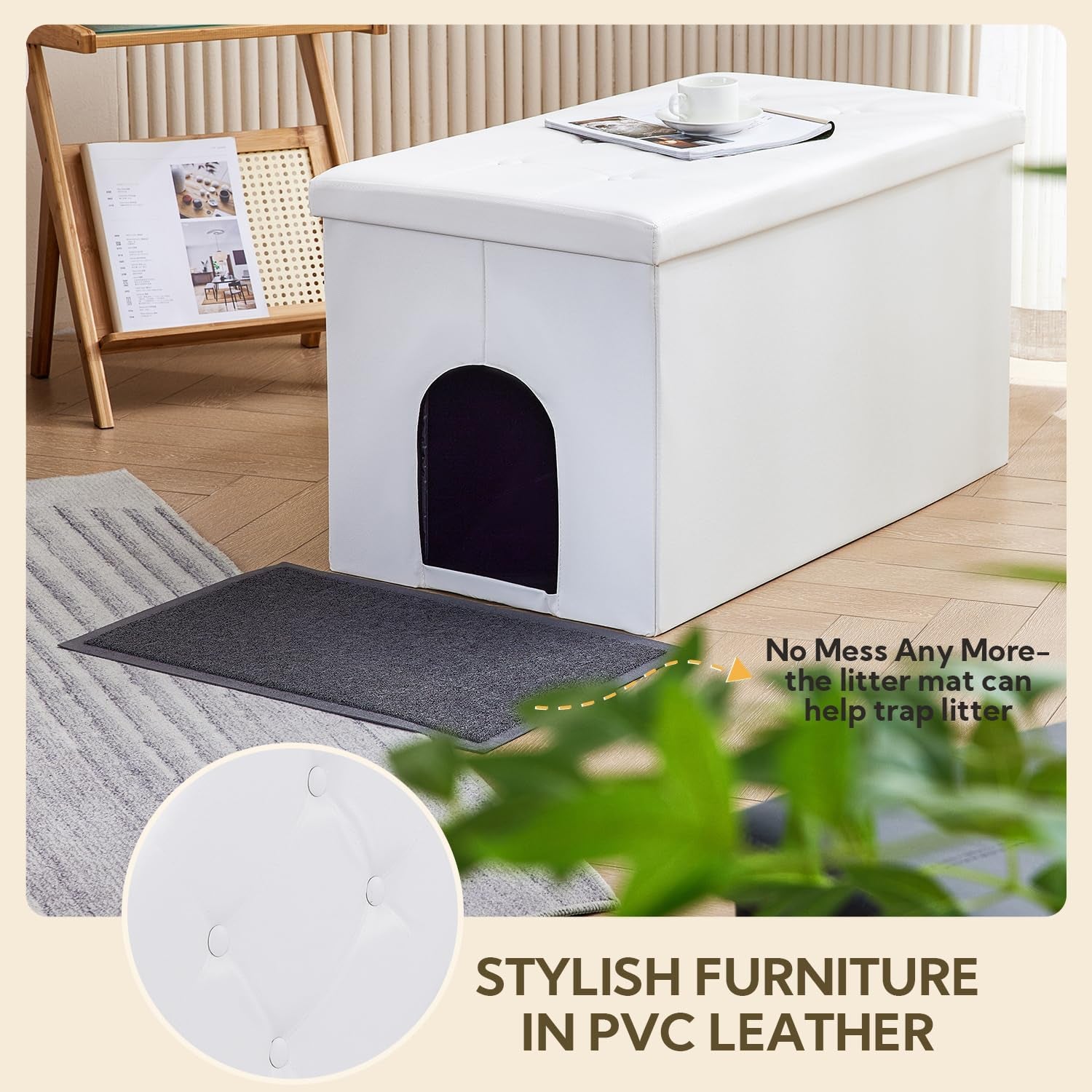 Cat Litter Box Enclosure Furniture Hidden, Waterproof Inside/Easy Clean | Easy Assembly | Odor Control