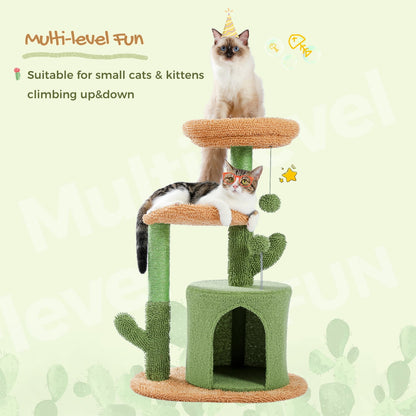 32" Cactus Cat Tree Tower with Cat Scratching Posts Cozy Condo Perch for Indoor Cats