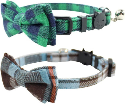 Cat Collar Breakaway with Bell and Bow Tie, Plaid Design Adjustable Safety Kitty Kitten Collars