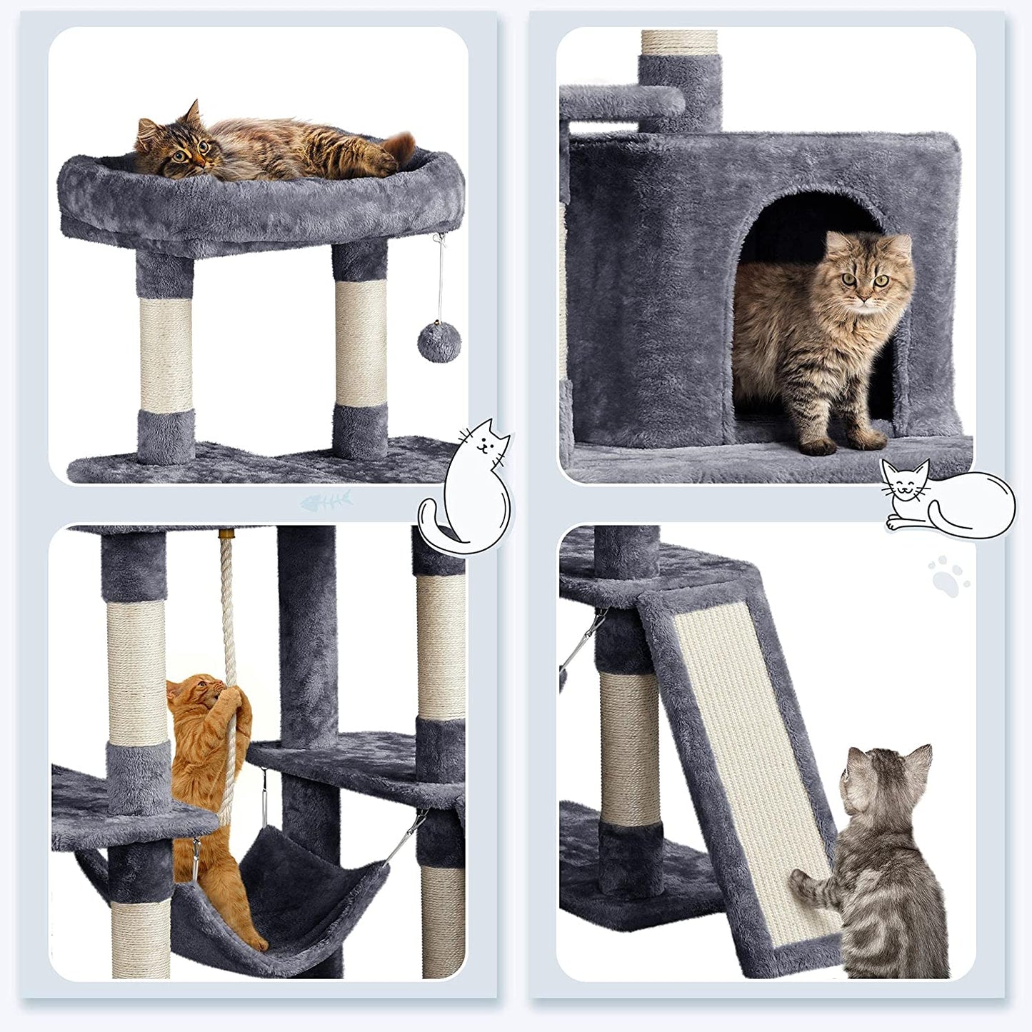 Large Multi-Level Cat Tree, 63 Inches Tall with Sisal-Covered Scratching Posts, Condo, Hammock, Dangling Ball, and Extended Platform for Cats to Play and Sleep