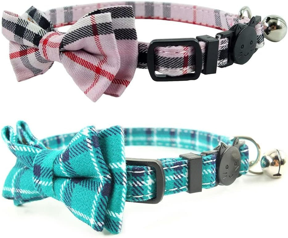 Cat Collar Breakaway with Bell and Bow Tie, Plaid Design Adjustable Safety Kitty Kitten Collars