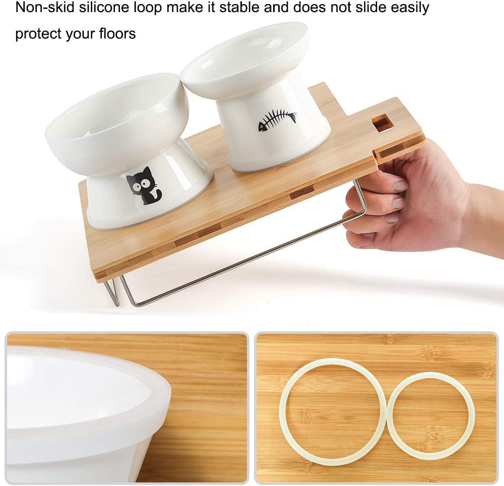 Raised Cat Food and Water Bowl Set, Whisker Friendly Elevated Ceramic Cats Feeder Bowls with anti Slip Ring, Anti-Vomiting Shallow High Porcelain Pet Kitten Dish