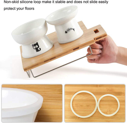 Raised Cat Food and Water Bowl Set, Whisker Friendly Elevated Ceramic Cats Feeder Bowls with anti Slip Ring, Anti-Vomiting Shallow High Porcelain Pet Kitten Dish