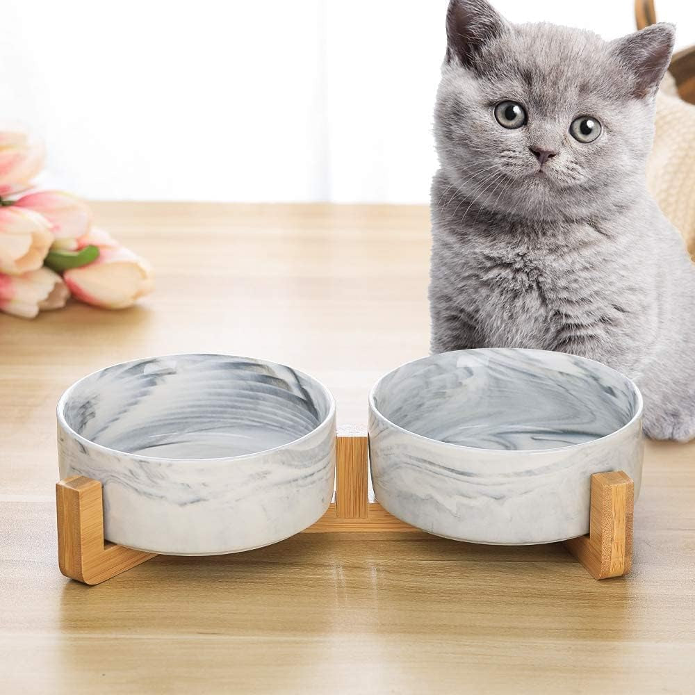 Marble Black Ceramic Cat Bowl Dish with Wood Stand No Spill 