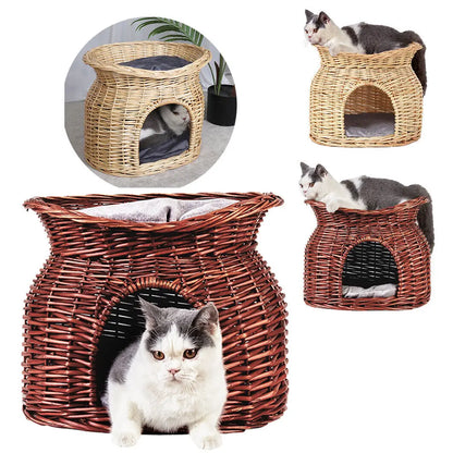 Eco Friendly, Cat Bed, Hand Woven, 2 Tier Cave Bed with Soft Cushion