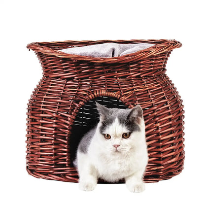 Eco Friendly, Cat Bed, Hand Woven, 2 Tier Cave Bed with Soft Cushion