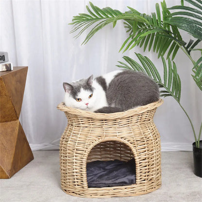 Eco Friendly, Cat Bed, Hand Woven, 2 Tier Cave Bed with Soft Cushion