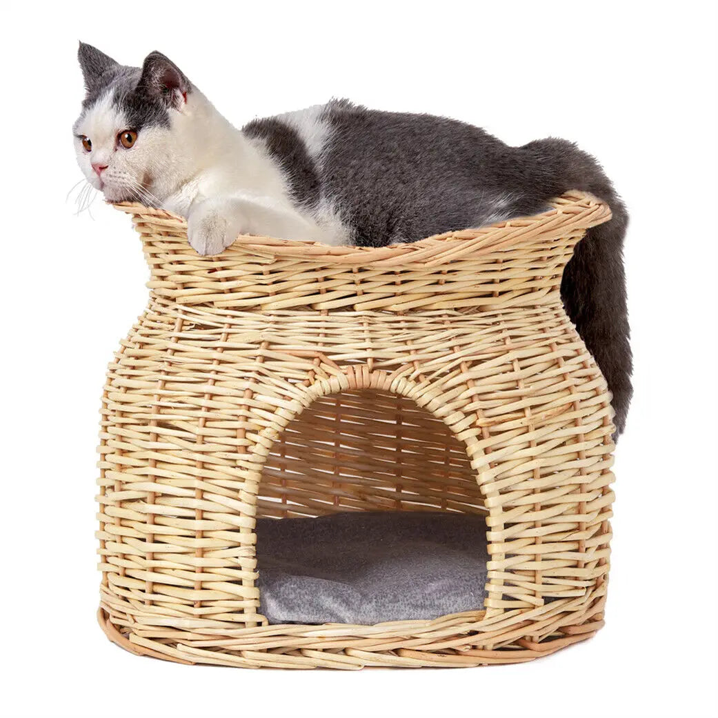 Eco Friendly, Cat Bed, Hand Woven, 2 Tier Cave Bed with Soft Cushion