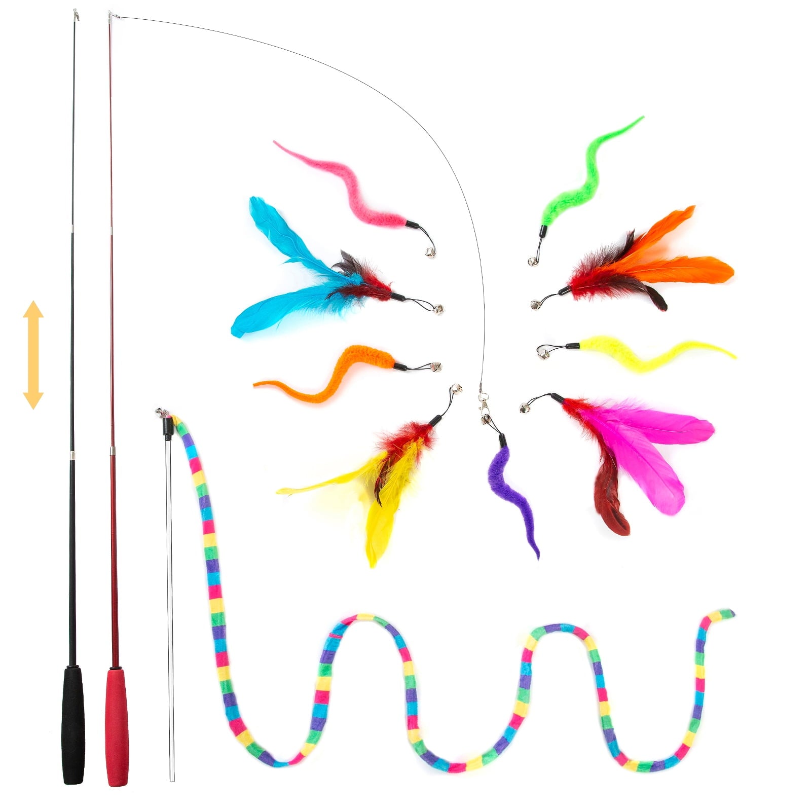 Interactive Cat Feather Toys for Indoor Cats, 2 Retractable Cat Teaser Wand and 1 Rainbow Wand with 9 Refills and 2 Spare Hook(14 Pack)