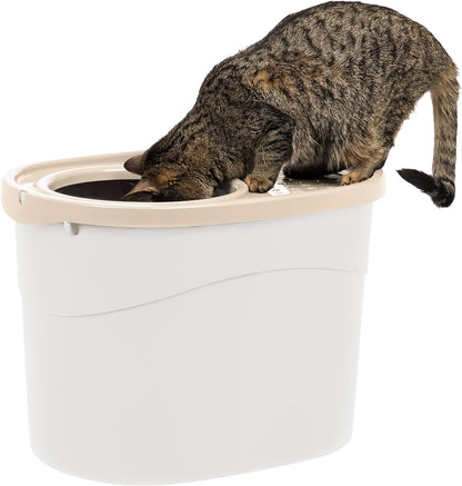 USA Large Oval Top Entry Cat Litter Box with Litter Catching Lid Privacy Walls and Scoop, White