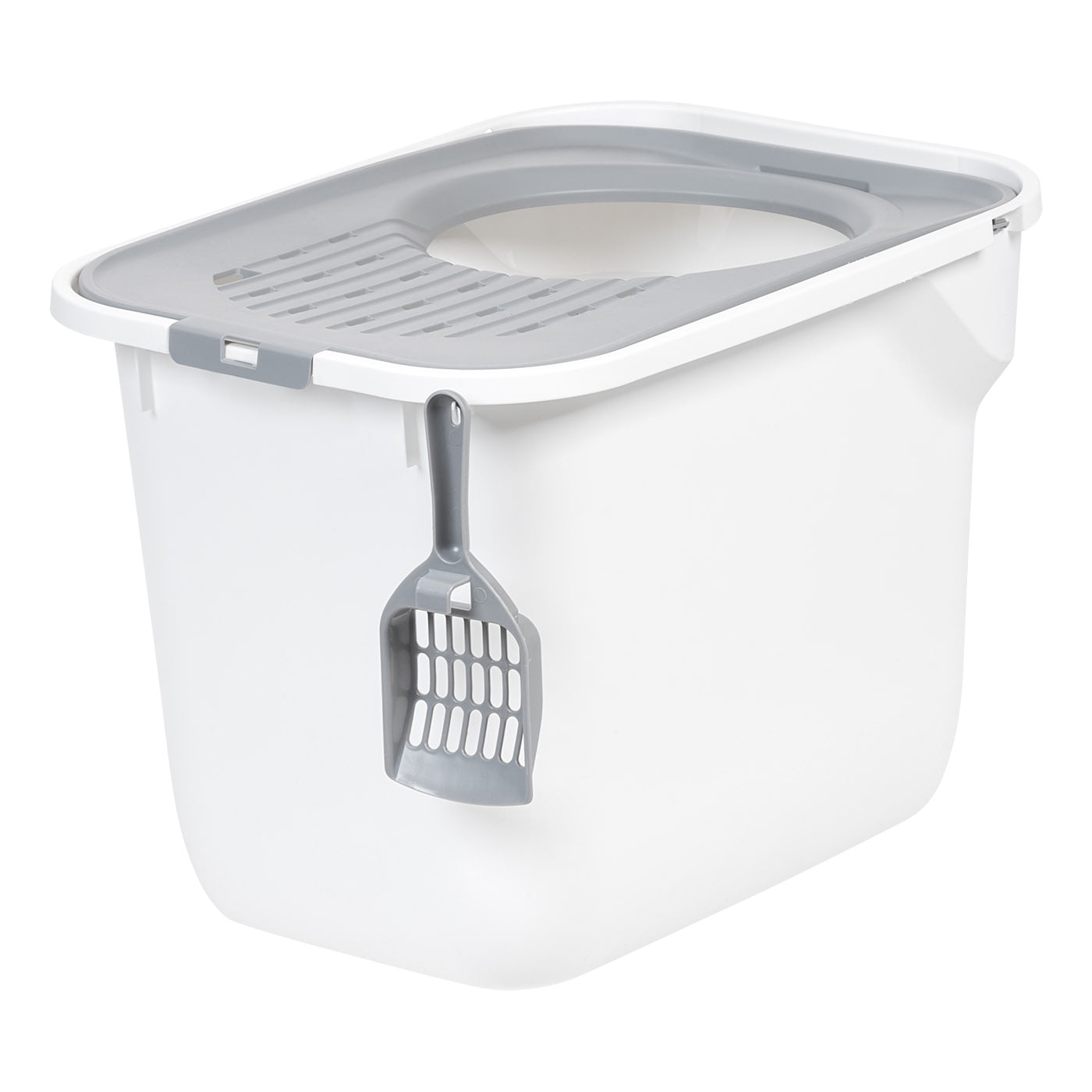 USA Large Oval Top Entry Cat Litter Box with Litter Catching Lid Privacy Walls and Scoop, White