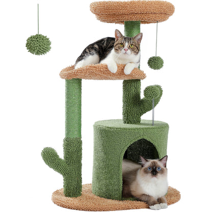 32" Cactus Cat Tree Tower with Cat Scratching Posts Cozy Condo Perch for Indoor Cats