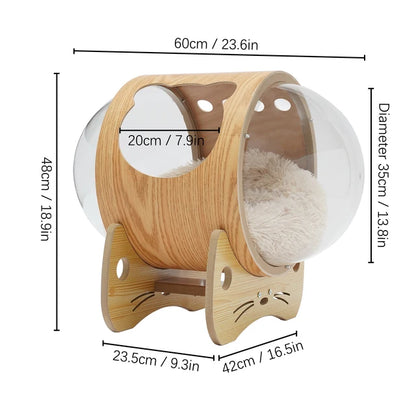 Wooden Spaceship Pet Bed for Cat, Window Capsule-Shaped Cat Bed Made of Wood with Cushion