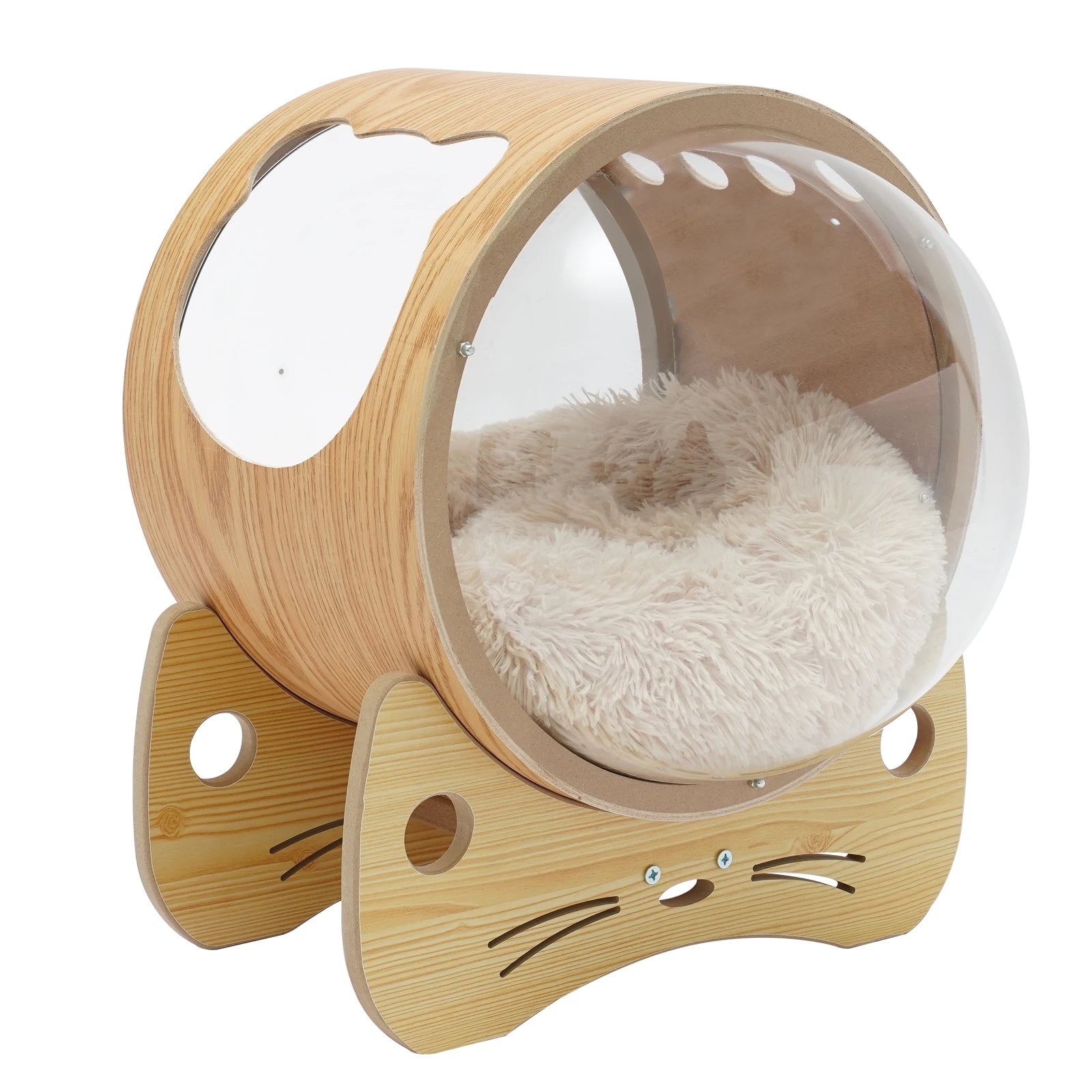 Wooden Spaceship Pet Bed for Cat, Window Capsule-Shaped Cat Bed Made of Wood with Cushion