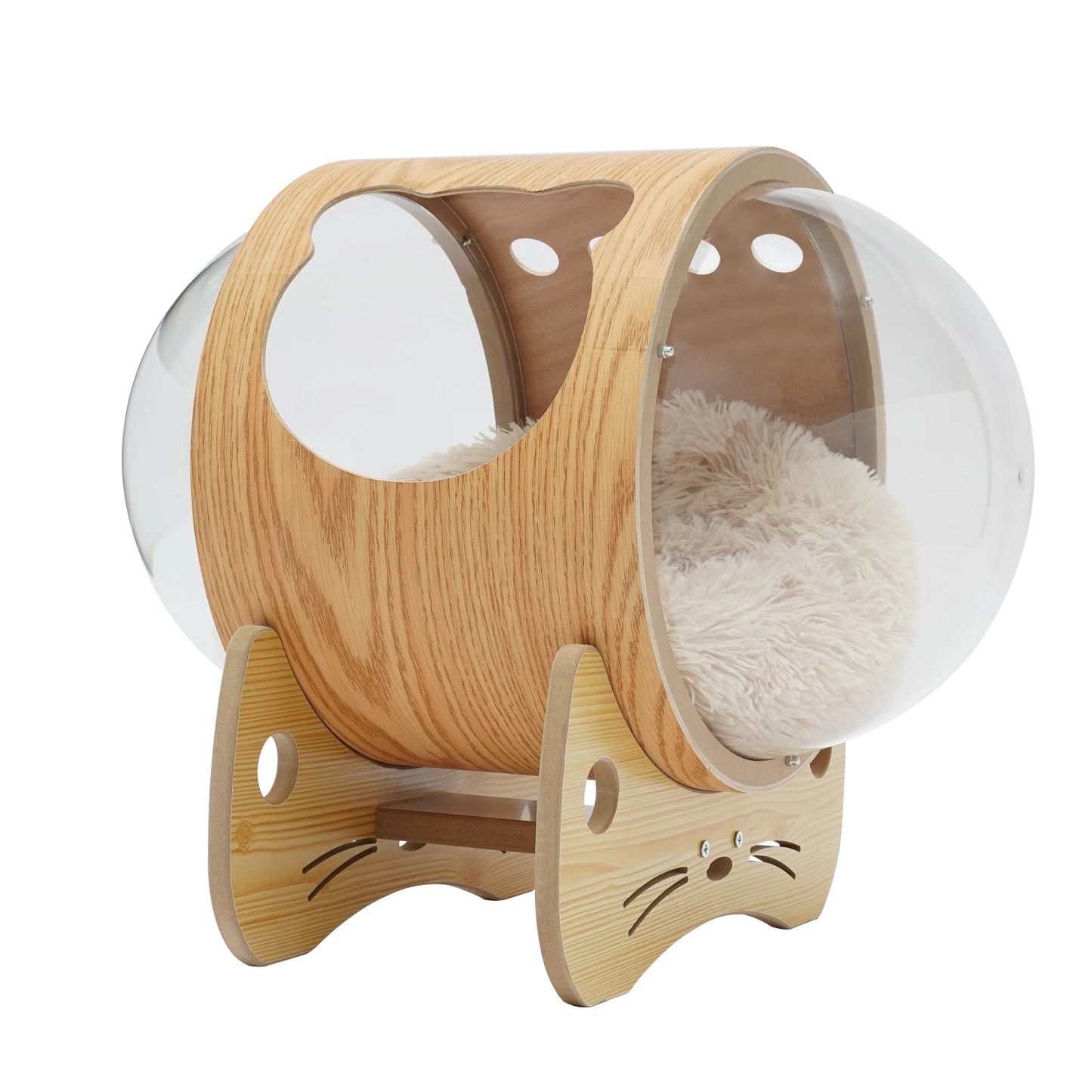 Wooden Spaceship Pet Bed for Cat, Window Capsule-Shaped Cat Bed Made of Wood with Cushion