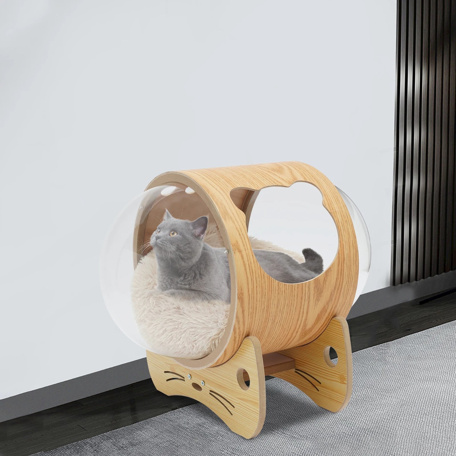 Wooden Spaceship Pet Bed for Cat, Window Capsule-Shaped Cat Bed Made of Wood with Cushion