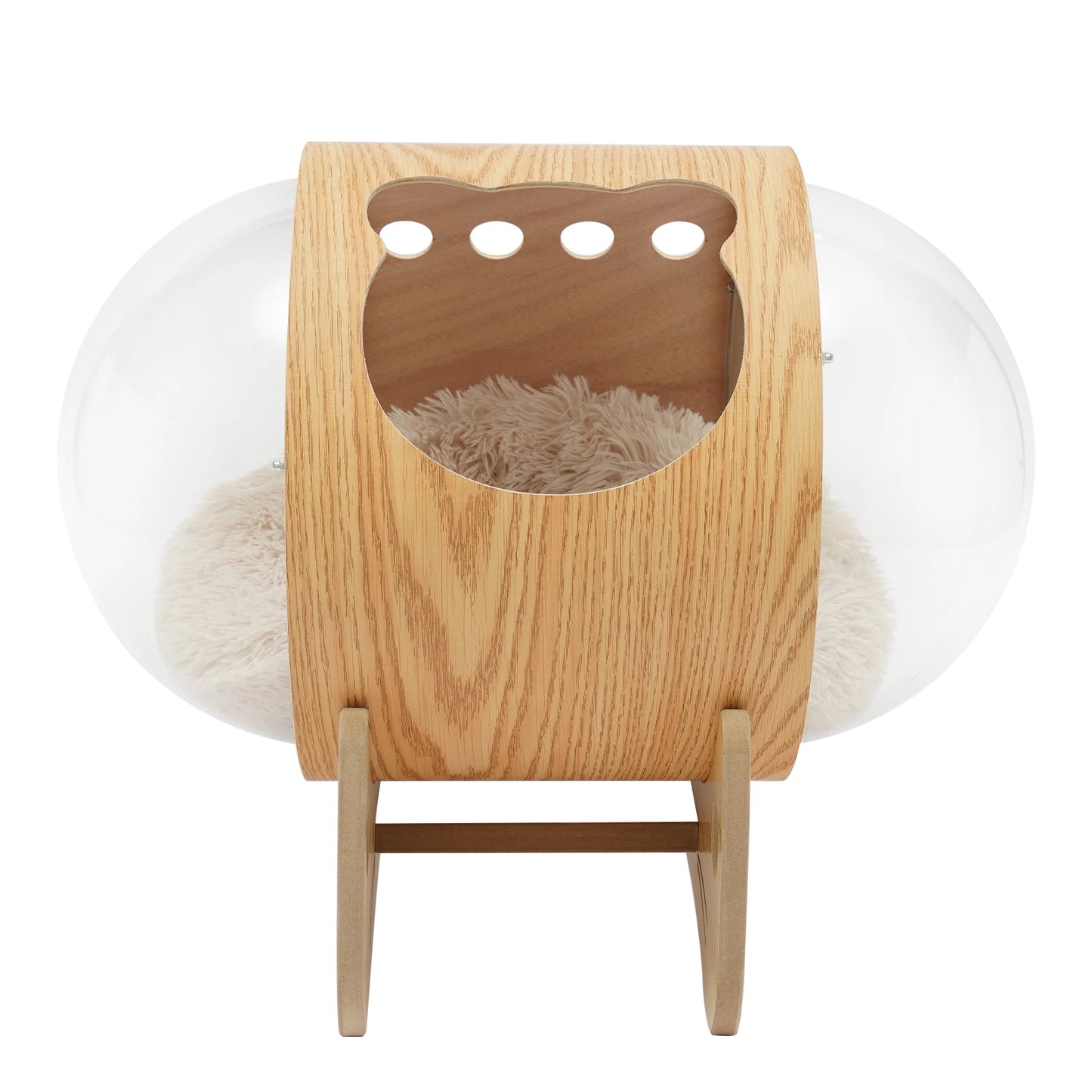 Wooden Spaceship Pet Bed for Cat, Window Capsule-Shaped Cat Bed Made of Wood with Cushion