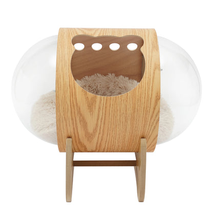 Wooden Spaceship Pet Bed for Cat, Window Capsule-Shaped Cat Bed Made of Wood with Cushion