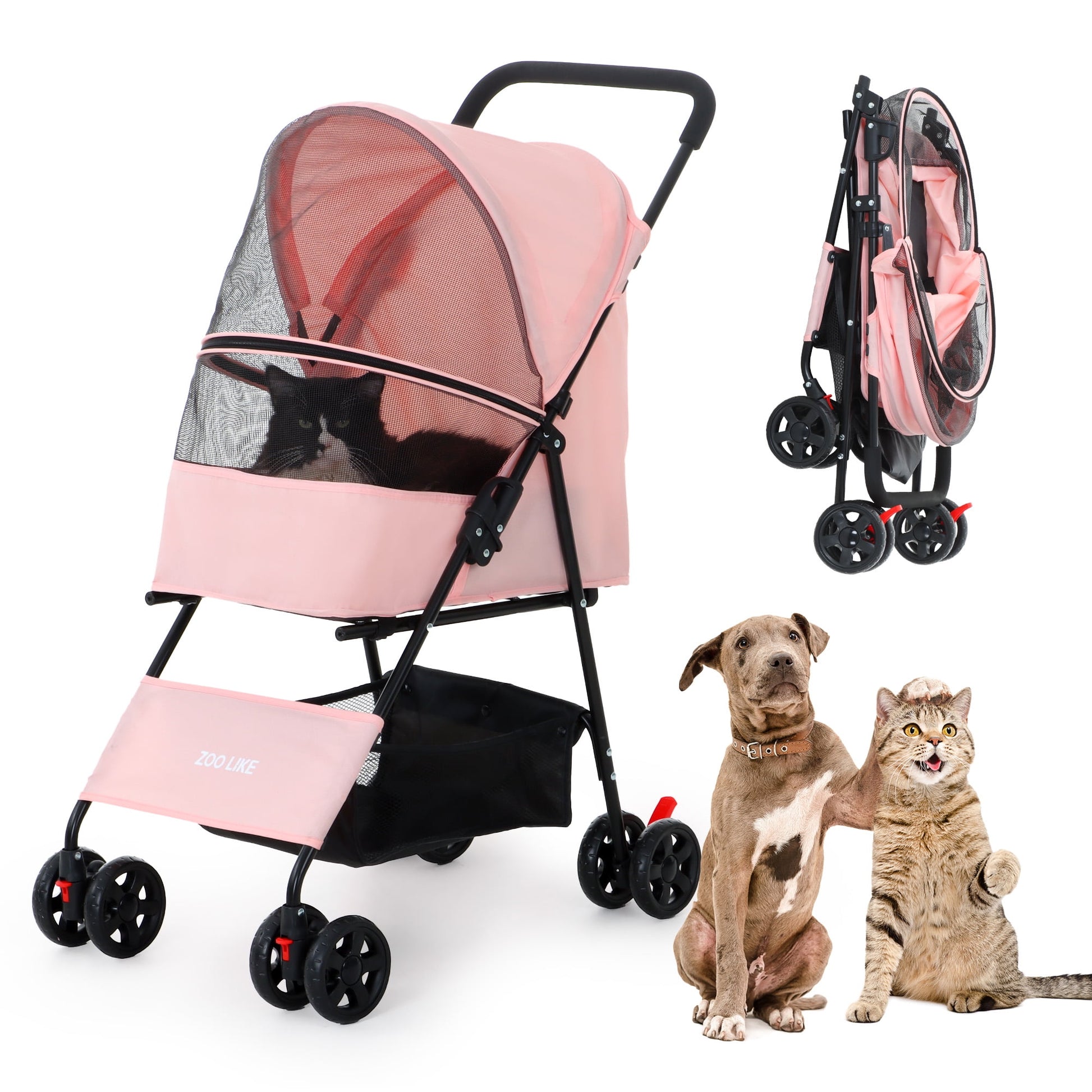 Cat Cage Stroller, Travel Folding Carrier, Foldable Carrier Strolling Cart for Small Medium Cat W/ Storage Basket